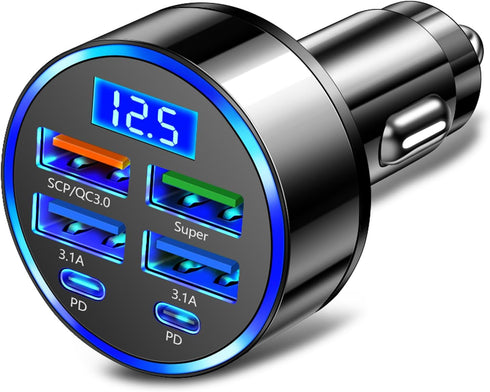 6 Ports Fast Car Charger with Voltage Monitor, USB Charger Compatible with iPhone 13/14/15 & Most Android Models