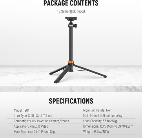 NEEWER 59" TS04 Basics Selfie Stick Tripod Compatible with iPhone DLSR Canon Sony Camera, Small Metal Portable Travel