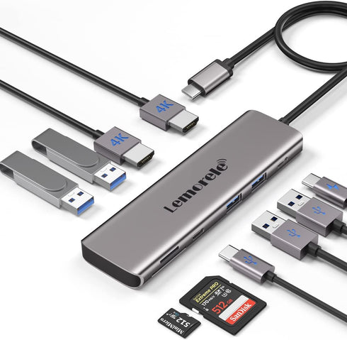 Lemorele USB C to Dual HDMI Adapter, 10-in-1 USB C Docking Station for Windows, Dual Monitors, USB 3.0, 100W PD