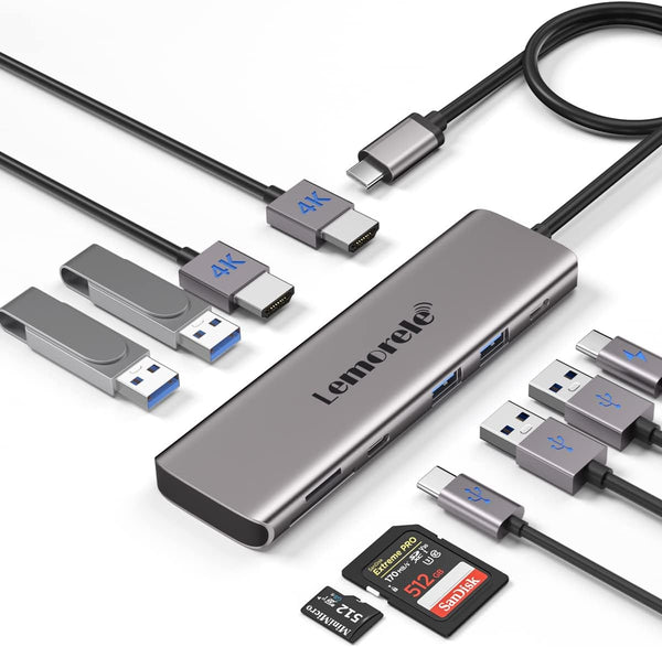 Lemorele USB C to Dual HDMI Adapter, 10-in-1 USB C Docking Station for Windows, Dual Monitors, USB 3.0, 100W PD