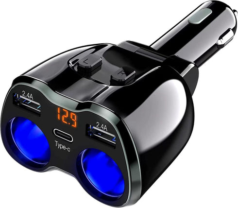 Otium USB C Car Charger, 2 Sockets Cigarette Lighter Splitter, 12/24V 80W Dual USB Type-C Ports, Separate Switch, LED