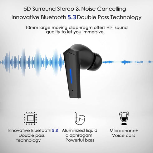 Yi-shaney Wireless Earbuds, Bluetooth 5.2 Gaming Earphones with Touch Control, Noise Cancelling Waterproof Headset, 18H