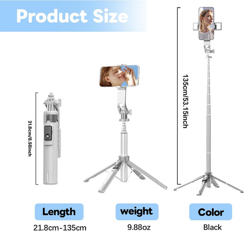 LingoFoto 53" 360 All-in-1 Selfie Stick Tripod with Light & Wireless Remote, Extendable Aluminum Phone Tripod Stand
