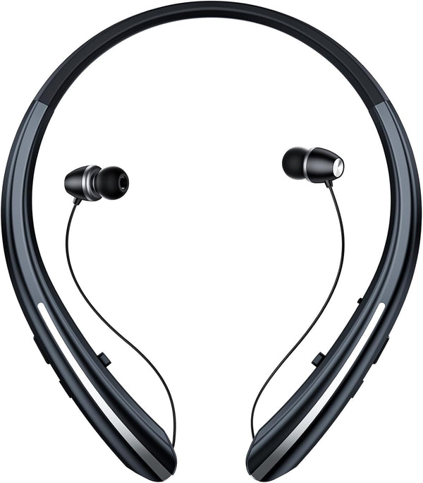 Retractable Bluetooth Headphones, Neckband Earbuds Wireless Headset, Noise Cancelling Stereo Earphones with Microphone