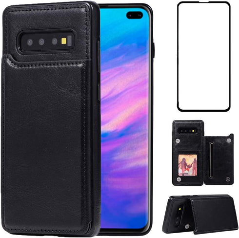 Samsung Galaxy S10 Wallet Case by NKECXKJ, PU Leather, Shockproof Flip Cover with Card Holder & Screen Protector, Black