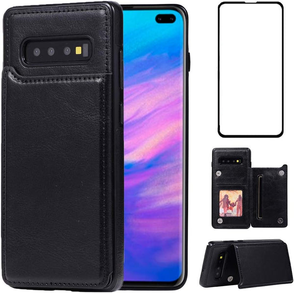Samsung Galaxy S10 Wallet Case by NKECXKJ, PU Leather, Shockproof Flip Cover with Card Holder & Screen Protector, Black