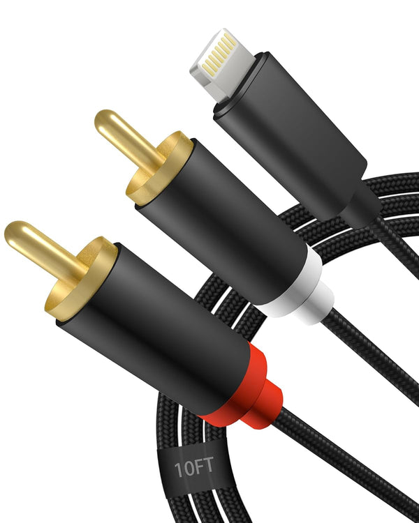 Lightning to RCA Audio Cable, 2-Male Y Splitter Aux Cord for iPhone 14 13 12 11 Pro, 10FT for Amplifier