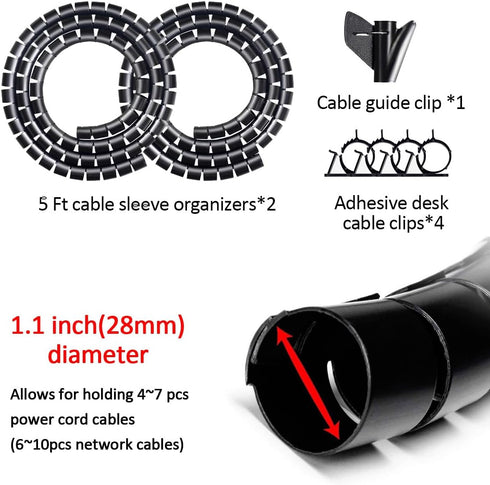 Large PC Cable Management Tube Sleeve Under Desk Wire Organizer for Cords 2 PCS Black, 1.1 inch -5 ft EZ Spiral Cable Wrap Cover Bundler w/Clips for TV Office, Pet Proof Cable Protector
