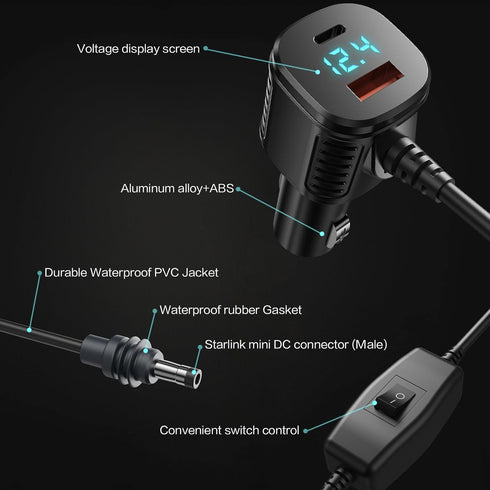 HAILOLY 3 1 12V-48V 10FT Starlink Mini Cable, in Starlink Mini Car Charger DC Power Cable+ Cigarette Lighter Adapter