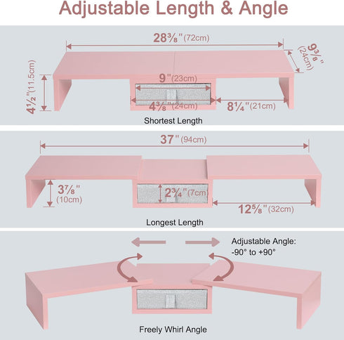 TEAMIX Pink Dual Monitor Stand Riser with Drawer - Adjustable Length and Angle for 2 Laptop/PC/Screen/TV (1 Drawer)