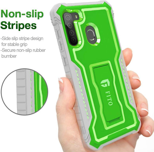 FITO Samsung Galaxy A21 Case, Dual Layer Shockproof Heavy Duty Case with Screen Protector, Built-in Kickstand (Green)