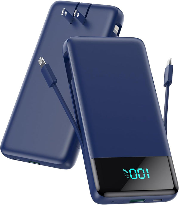 Portable Charger for iPhone, Built-in Cables and Wall Plug, 13800mAh Fast Charging USB C Power Bank, Blue