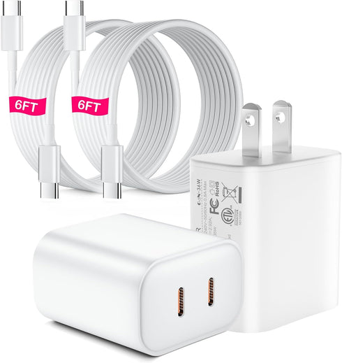 USB C Charger for iPhone 16, 2 Pack 36W PD Dual USB C Port Wall Fast Charger Adapter with 2 Pcs 6 FT Cable