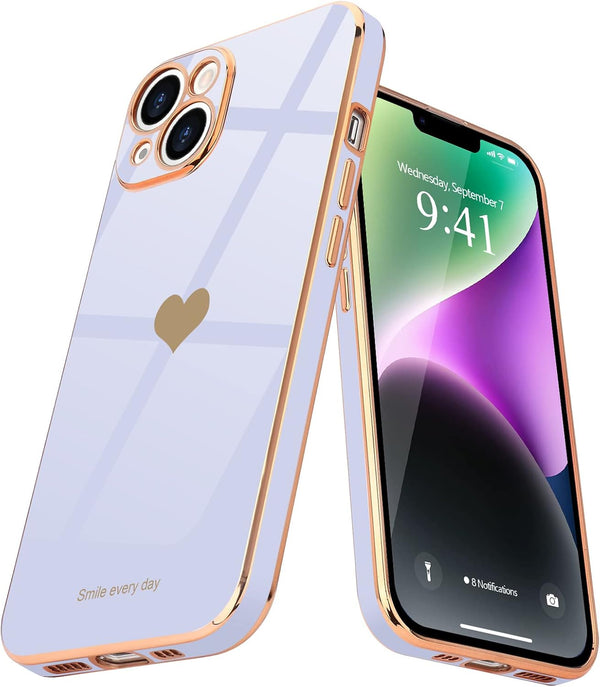 Teageo Cute Love Heart Luxury Electroplate Case for iPhone 14, Raised Camera Protection Bumper, Purple