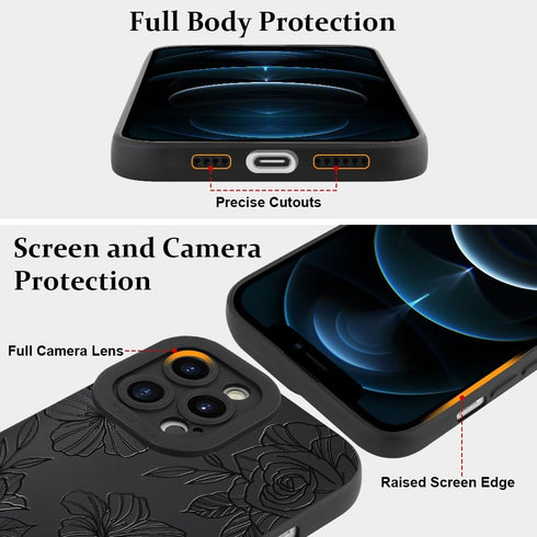 LSL iPhone 12 Pro Max Case, Black Floral Flower Pattern Print, Soft TPU Full Camera Lens Anti-Drop Anti-Scratch