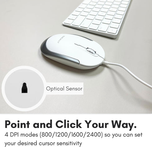 Macally Silent Wired Mouse, Slim & Compact USB Mouse for Apple Mac or Windows PC Laptop/Desktop (White)