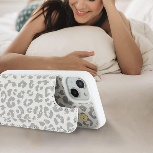 iCoverCase iPhone 13 Phone Case with Card Holder, RFID Blocking PU Leather Protective Case for iPhone 13, Gray Leopard