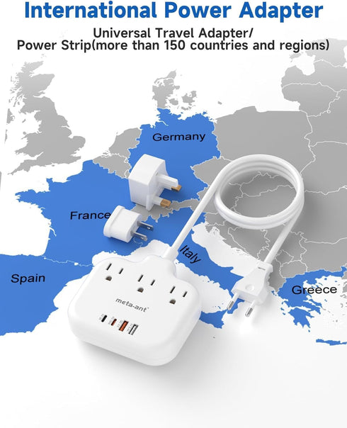 meta-ant PD30W 3 2 2 3ft European Travel Plug Adapter, International Power Adapter with Outlets USB-C and USB-A Fast