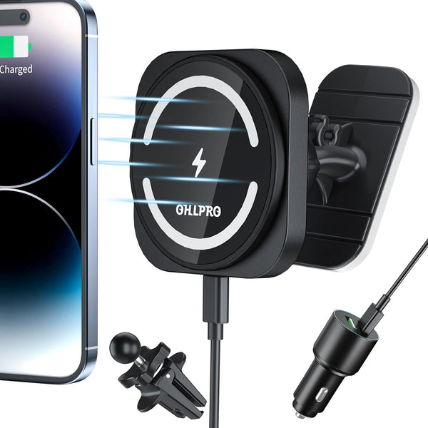 OHLPRO MagSafe Car Mount, Super Strong Magnetic Wireless Charger for iPhone 15 Pro Max, with QC 3.0 Adapter