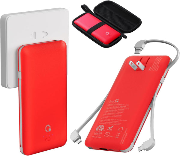 10000mAh Portable Charger, Slim USB B C Power Bank, 4 Output External Battery Pack with Built-in AC Wall Plug