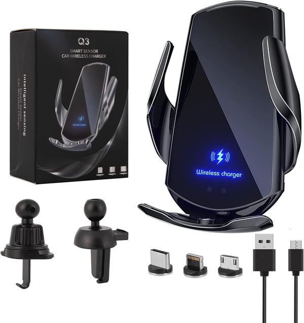 Wireless Car Charger Phone Mount - 15W Fast Charging Auto Clamping Holder Compatible with All Android Smartphones