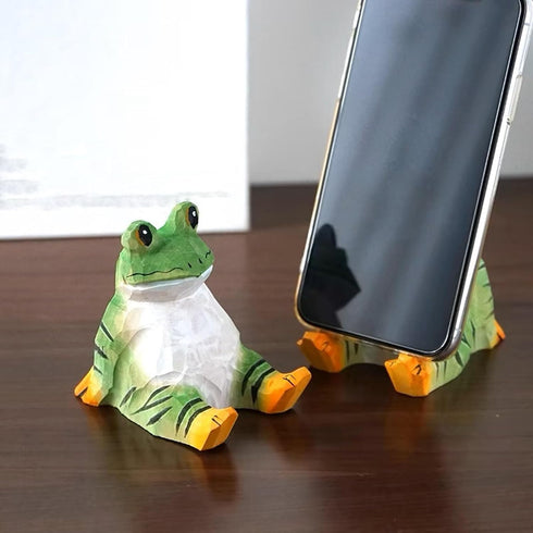 TANG SONG Adorable Hand-Carved Wooden Frog Phone Stand - Cute Tablet Holder