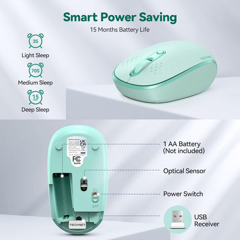 TECKNET Wireless Mouse for Laptop, 2.4G Quiet Computer Mouse with USB Receiver, 4 Buttons, 800/1200/1600 DPI - Mint