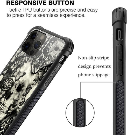 ZHEGAILIAN Victorian Gothic Lace Skull Case for iPhone 13 Pro Max, Tempered Glass Back + Soft Silicone TPU Protection
