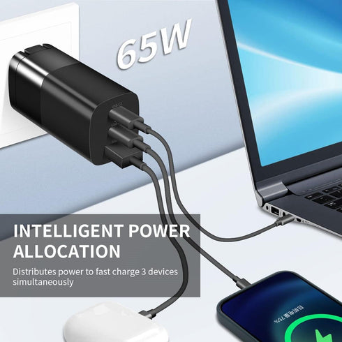 USB C GaN Charger, 65W & 45W 3 Port PD 3.0 QC3.0 Wall Adapter, Compatible with iPhone 14 Pro Max, Galaxy S22