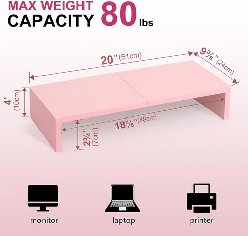 TEAMIX Pink Monitor Riser, 20L Inch Wood Stand for Desk, Sturdy TV/Screen/PC/Printer Riser with Storage (Pink, 20 inch)
