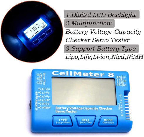RC CellMeter 8 Digital Battery Capacity Checker for 1S-8S LiPo Life Li-ion NiMH Nicd Voltage Testing