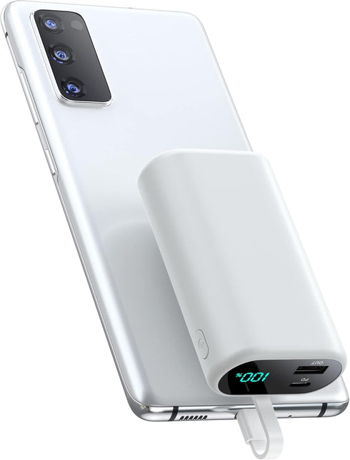 Small Portable Charger 10800mAh with Built-in USB-C Cable, Mini PD 3A Fast Charging Power Bank, LCD Display for Samsung