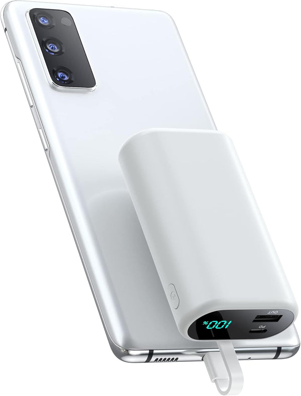 Small Portable Charger 10800mAh with Built-in USB-C Cable, Mini PD 3A Fast Charging Power Bank, LCD Display for Samsung