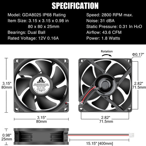 GDSTIME 80mm x 25mm 12V IP68 Waterproof Exhaust Fan, Small Brushless DC Cooling Computer Case Fan, 2 Pack