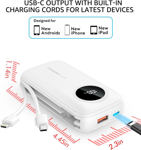 Ayeway Small Power Bank - 10,000mAh USB C Fast Charge Battery Pack with Built-in Cable, Lightweight External Backup