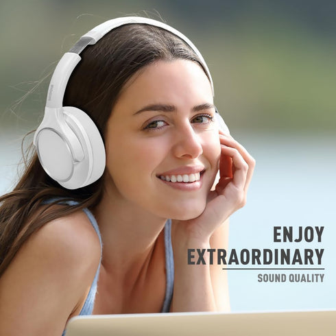 Bluetooth Headphones Over Ear, 68H Playtime, Wireless Headset with Microphone, Lightweight for Travel, White