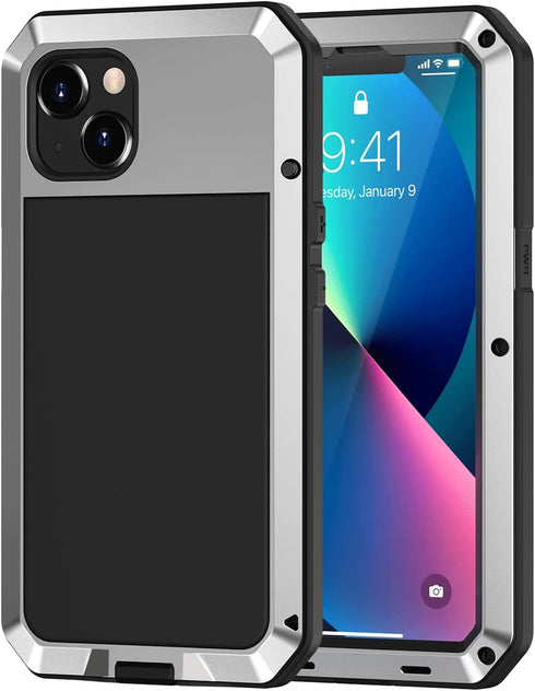 Lanhiem Heavy Duty Metal Case for iPhone 13, Shockproof Tough Rugged Cover with Built-in Glass Screen Protector, 360
