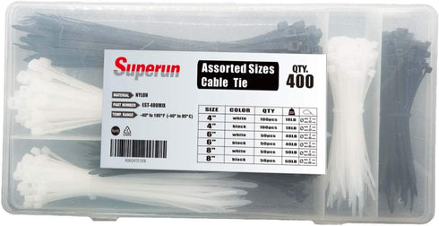 Superun Zip Tie Kit - 400 Pack Assorted Sizes 4 Inch, 6 Inch, 8 Inch Mix Pack in Black & White