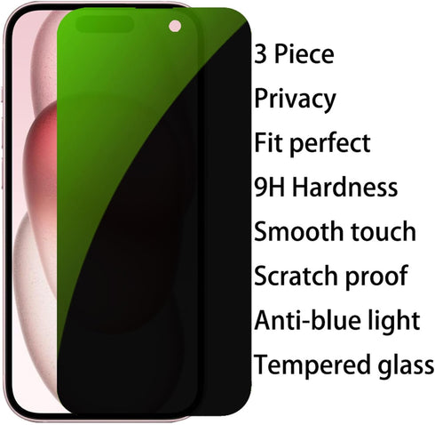 3 PCS Anti-Blue Privacy Tempered Glass for iPhone 15, Anti-Spy Screen Protector, 9H Hardness, Anti-scratch 6.1 inch
