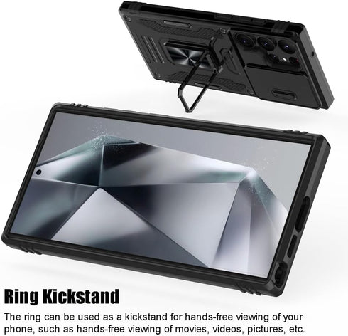 Shockproof Phone Case for Samsung Galaxy S24 Ultra, Sliding Camera Cover & Ring Holder Kickstand, Black