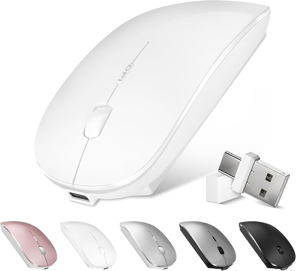 Bluetooth Wireless Mouse for MacBook, Optical Rechargeable Silent Mouse with Dual Mode Switch, White