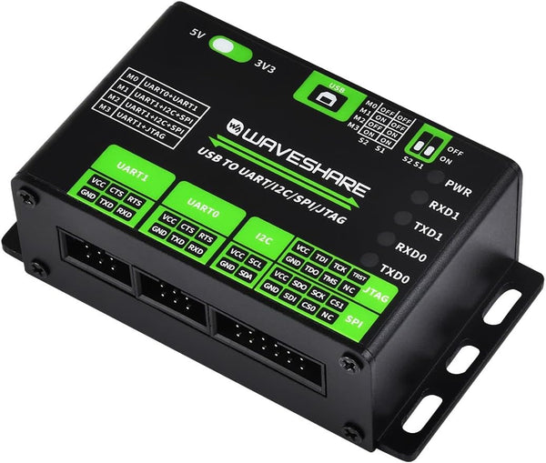 Waveshare USB to UART/I2C/SPI/JTAG Converter, Multiple Interfaces, 3.3V and 5V Compatible, Protection Circuits