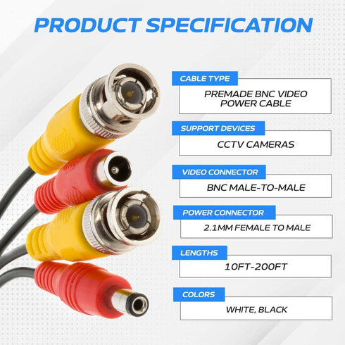 10FT Cables Direct Online Black Premade BNC Video Power Cable Extension Wire for CCTV, Security Camera, DVR