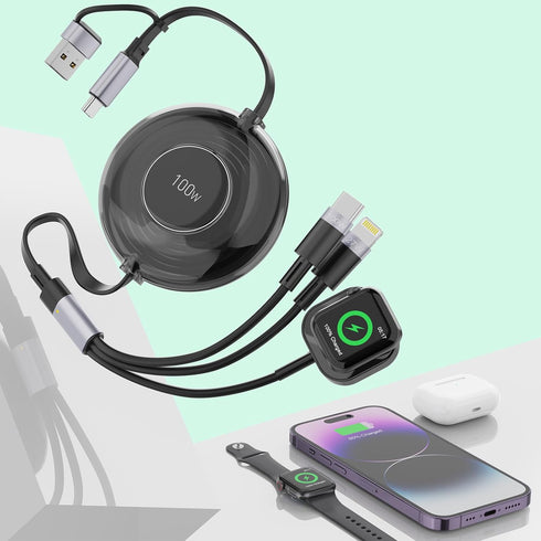 100W Retractable Multi 5-in-1 Charger Cable, USB A/Type C to Lightning, Super Fast Charging for iWatch/iPhone/iPad?4FT?
