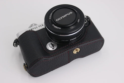 E-P7 Case, BolinUS Handmade Leather Half Camera Bag for Olympus Pen E-P7, Bottom Opening Version, Black