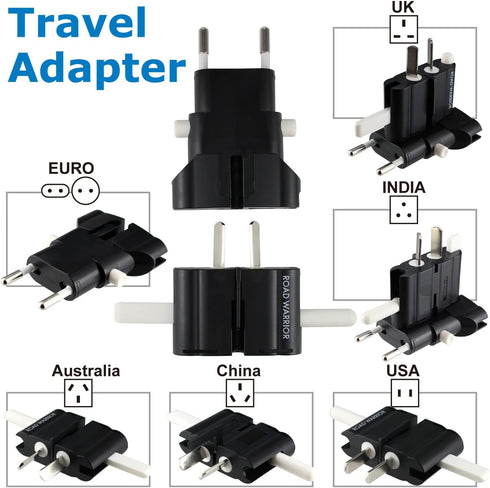 ROAD WARRIOR Universal Travel Plug Adapter Europe/UK/Australia/USA/India/China Compact Black