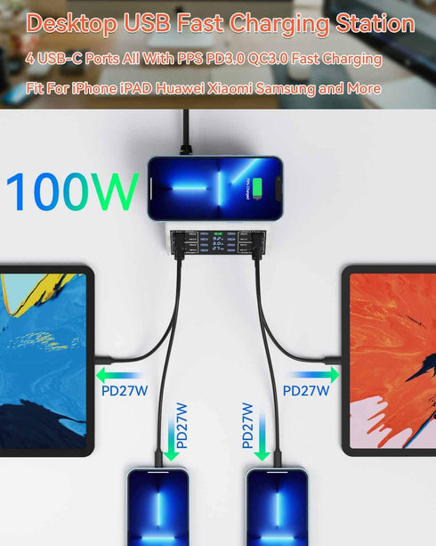100W 8-Port Charging Station for Multiple Devices, 4 QC3.0 + 4 USB C PD Ports, Wireless Charger Hub