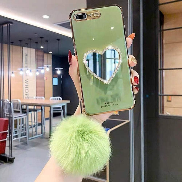 Luxurious Bling Heart-Shaped Makeup Mirror Phone Case for iPhone 11, Light Green - Stylish & Functional!