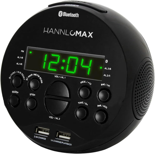 HANNLOMAX HX-129CR Alarm Clock Radio, PLL FM Radio, Bluetooth, USB Ports for Charging/MP3 Playback, 0.6" Green LED