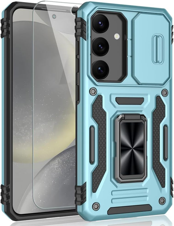 for Samsung Galaxy S24 Case, Shockproof Phone Case with Sliding Camera Cover & Rotatable Ring Holder Kickstand +